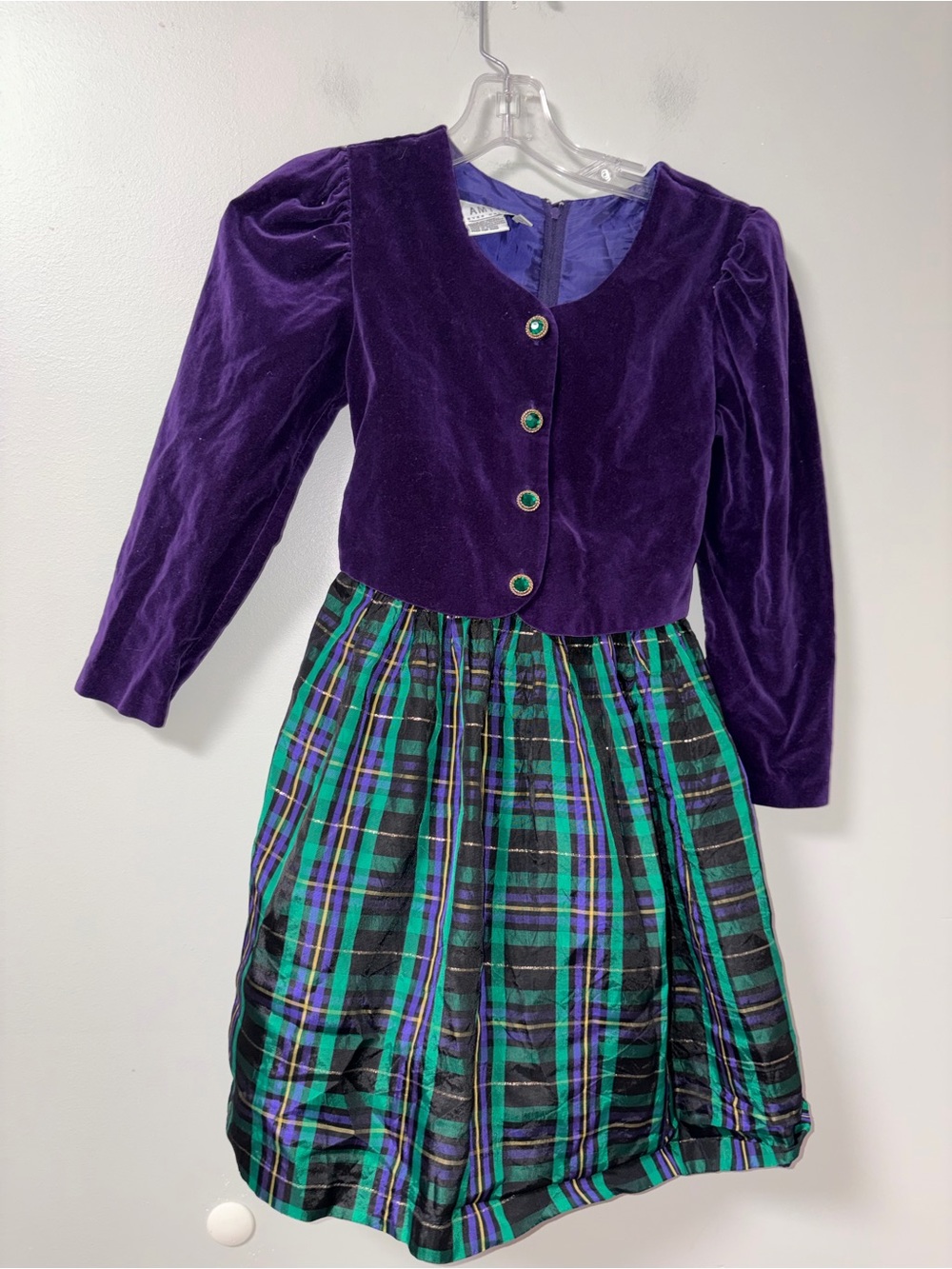 Amy Too! Purple Green Plaid Velvet Taffeta Party Holiday Dress Vintage Girls 7